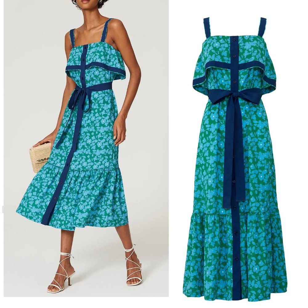 DEREK LAM BLUE & GREEN FLORAL POPOVER MIDI DRESS SIZE 44 (US 6/8)